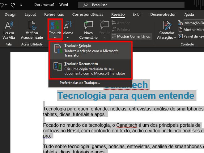 Na seção idioma, clique em "Traduzir" e escolha uma das duas opções disponíveis (Captura de tela: Matheus Bigogno)