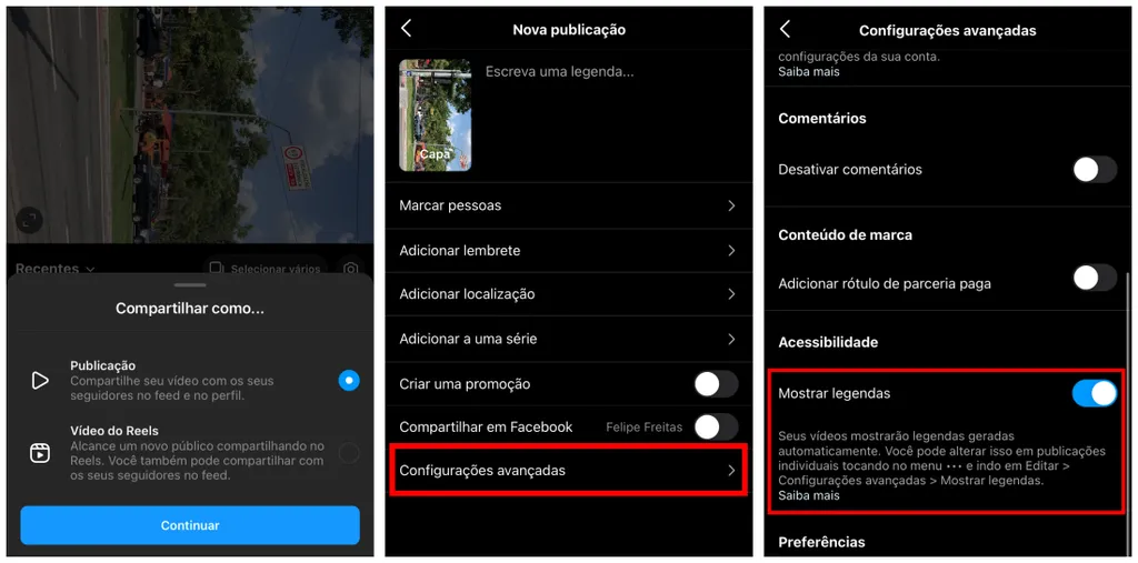 Você também pode ativar legendas na hora de publicar vídeos no Instagram (Captura de tela: Canaltech/Felipe Freitas)