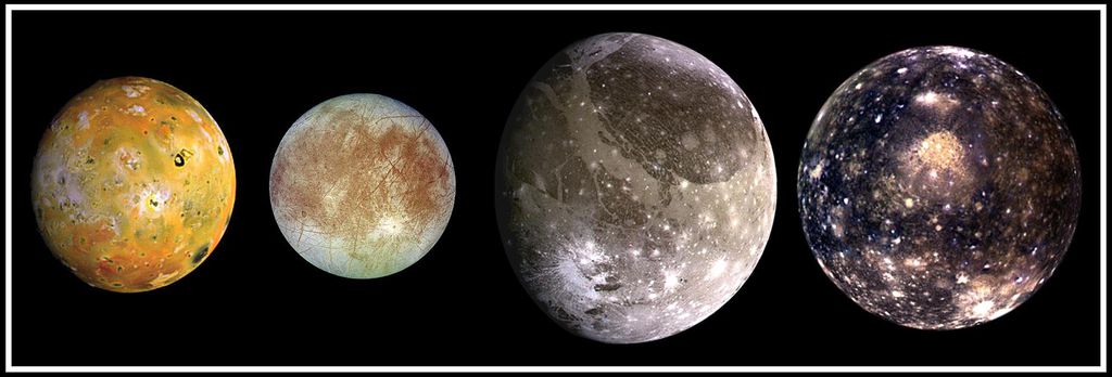 Da esquerda para a direita, as luas Io, Europa, Ganimedes e Calisto (Imagem: JPL-CALTECH/NASA, DLR)