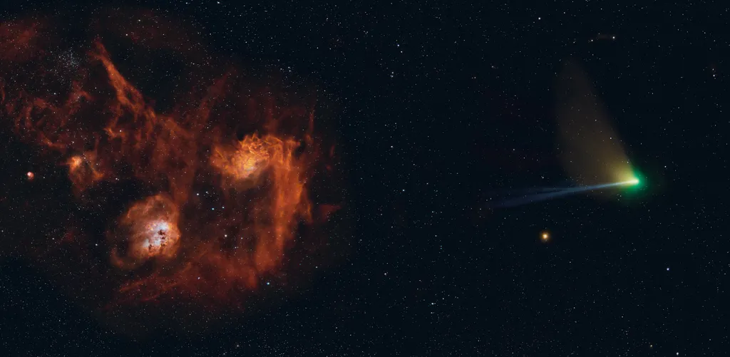 Nebulosa IC 405, estrela AE Aurigae e o cometa ZTF (Imagem: Reprodução/Thomas Röell)