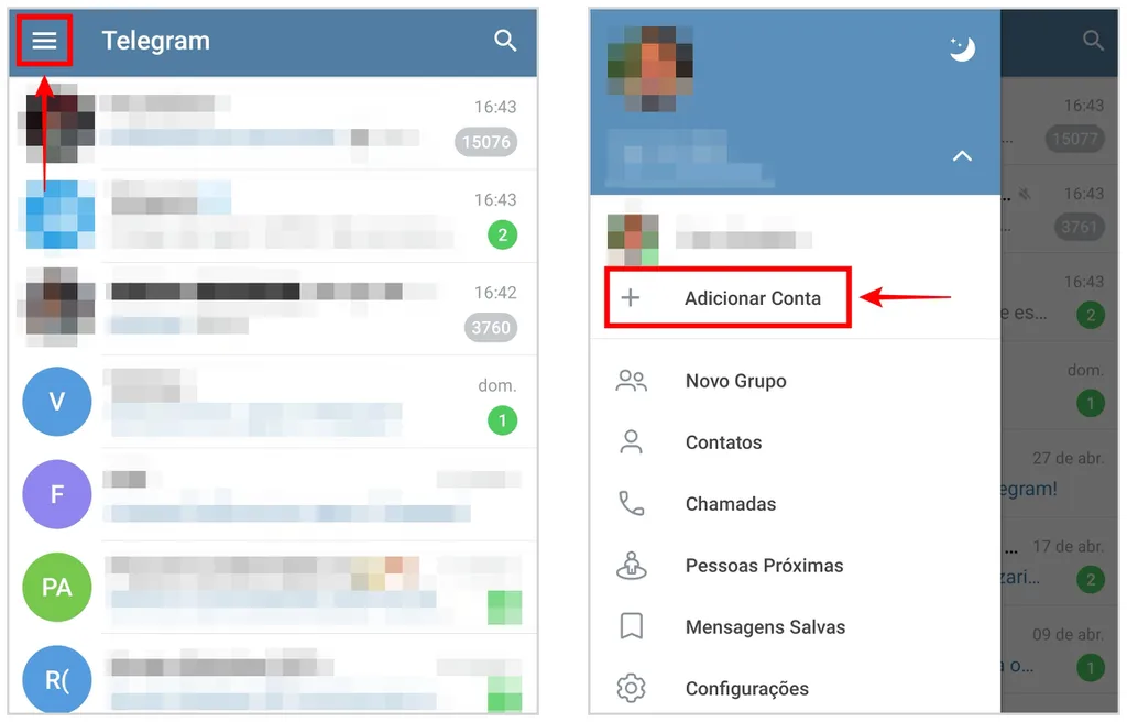 Telegram para Android permite adicionar até três contas no mesmo dispositivo (Captura de tela: Caio Carvalho)