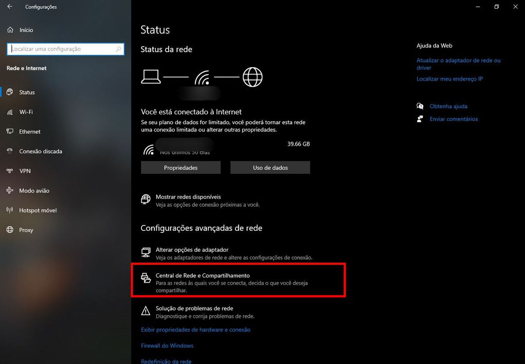 É possível descobrir a senha do Wi-Fi no Windows 10 através da Central de Rede e Compartilhamento (Imagem: Captura de tela/Fabrício Calixto/Canaltech)