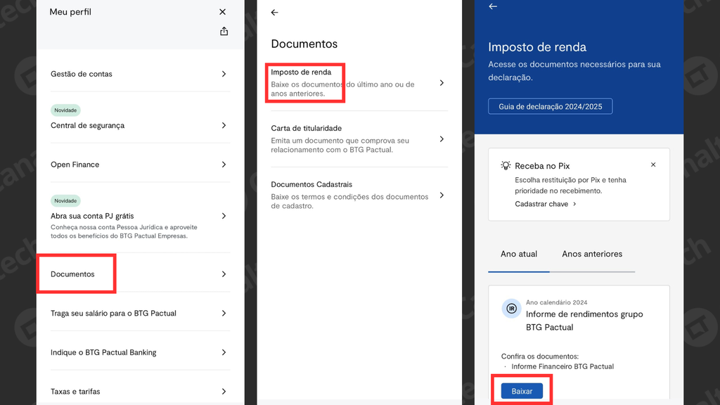 Captura de tela do processo de consultar o informe de rendimentos no BTG