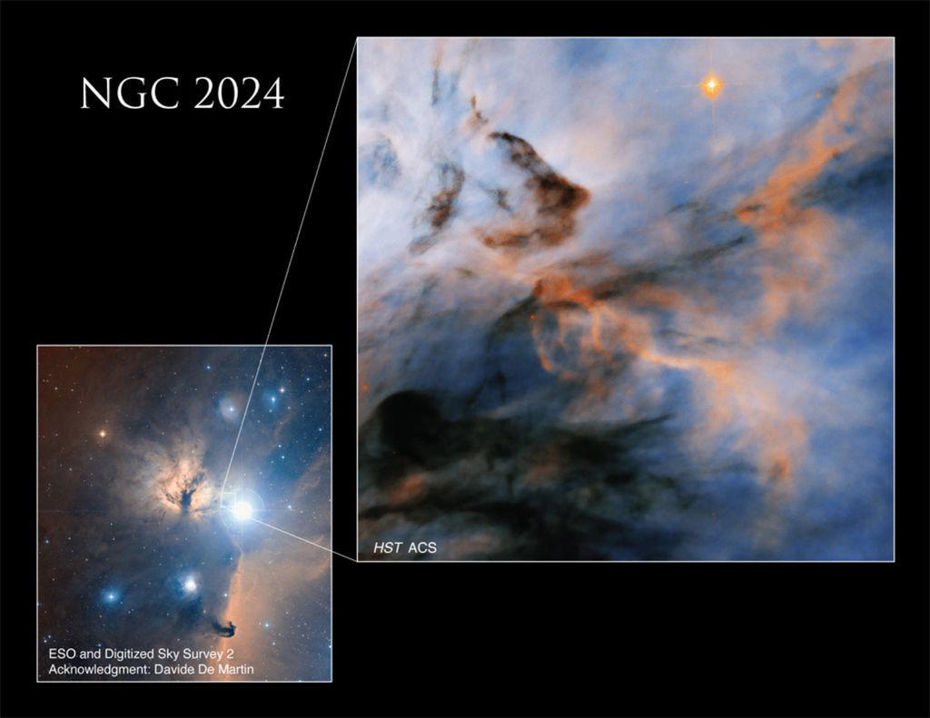 A imagem revela parte da Nebulosa da Chama, um região de formação estelar na constelação de Órion (Imagem: Reprodução/NASA/ESA/JPL)
