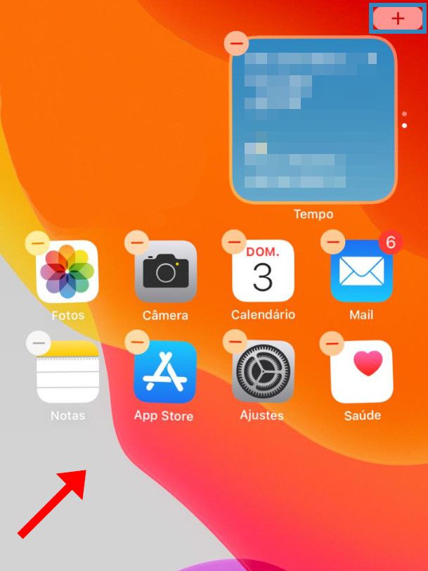Na tela inicial do iPhone, pressione o dedo em uma área vazia e clique no ícone "+" (Captura de tela: Matheus Bigogno)
