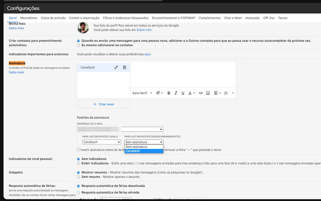 Crie uma assinatura no Gmail em um computador (Imagem: Thiago Furquim/Canaltech)