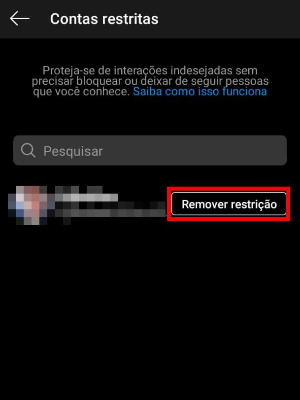 Na aba "Contas restritas", você pode "Remover restrição" de um perfil (Captura de tela: Matheus Bigogno)