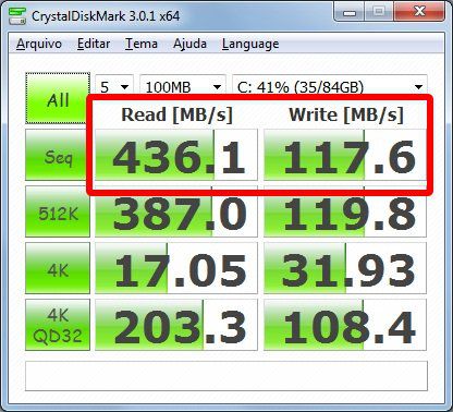Teste com um bloco de 100 MB - CrystalDiskMark
