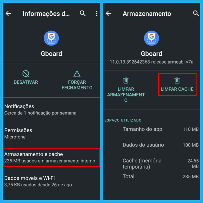 Deletar os arquivos de cache salvos automaticamente na memória do celular também pode ser útil para resolver o problema do Gboard (Captura de tela: Caio Carvalho/Canaltech)
