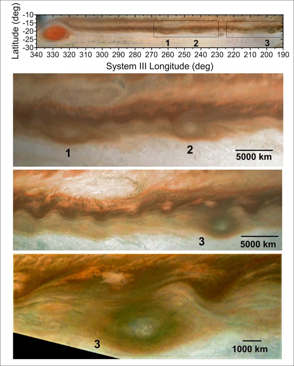 Sequência de anticiclones numerados, que se aproximaram da grande tempestade em 2019 (Imagem: Reprodução/AGU/Journal of Geophysical Research: Planets)