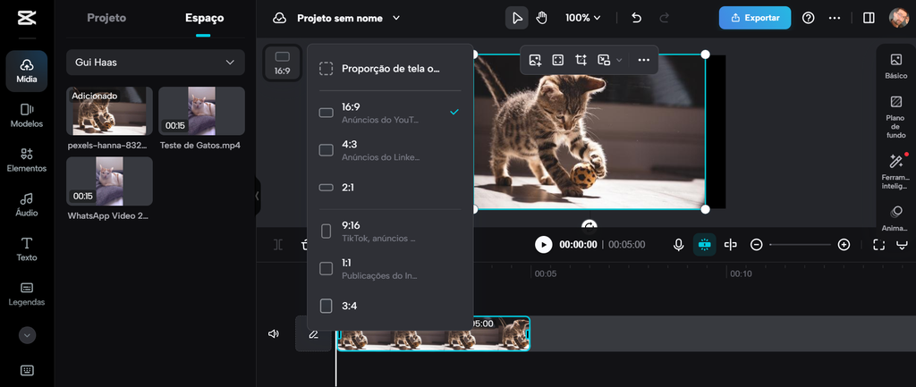 CapCut traz formatos prontos para editar vídeos para redes sociais (Imagem: Captura de tela/Guilherme Haas/Canaltech)