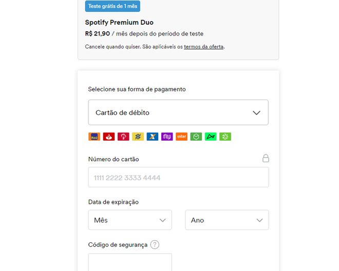 Spotify: pague pelo streaming de música via cartão de débito (Captura de tela: Ariane Velasco)