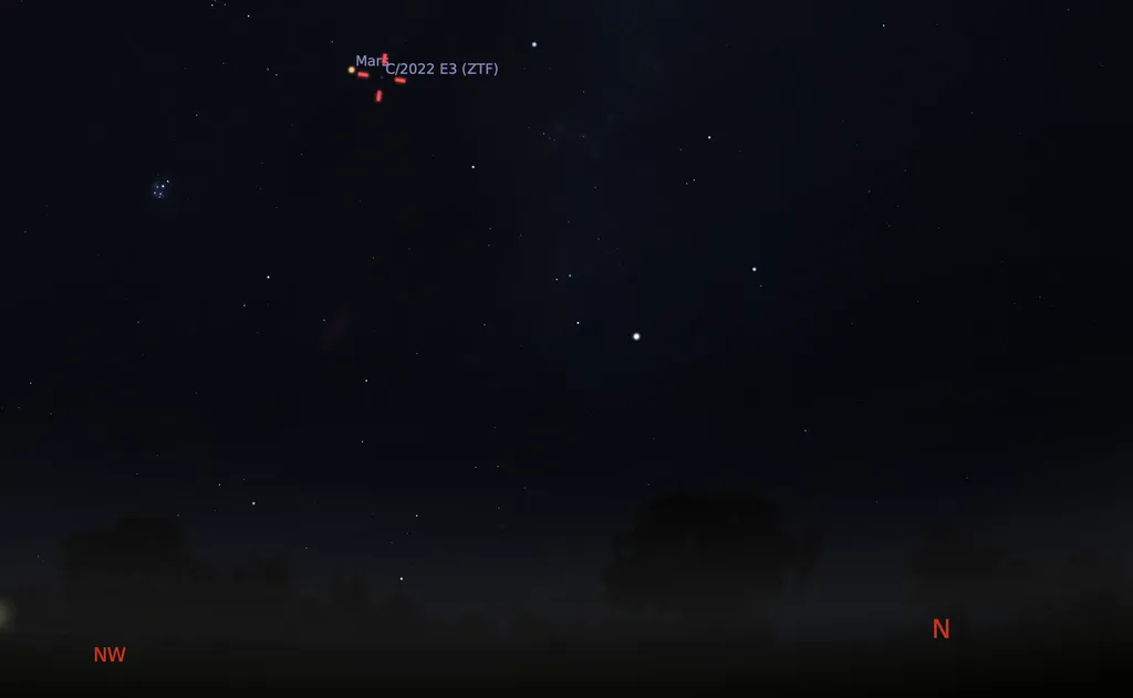 O cometa pode ser encontrado ao lado de Marte no dia 10 de fevereiro (Imagem: Captura de tela/Stellarium)