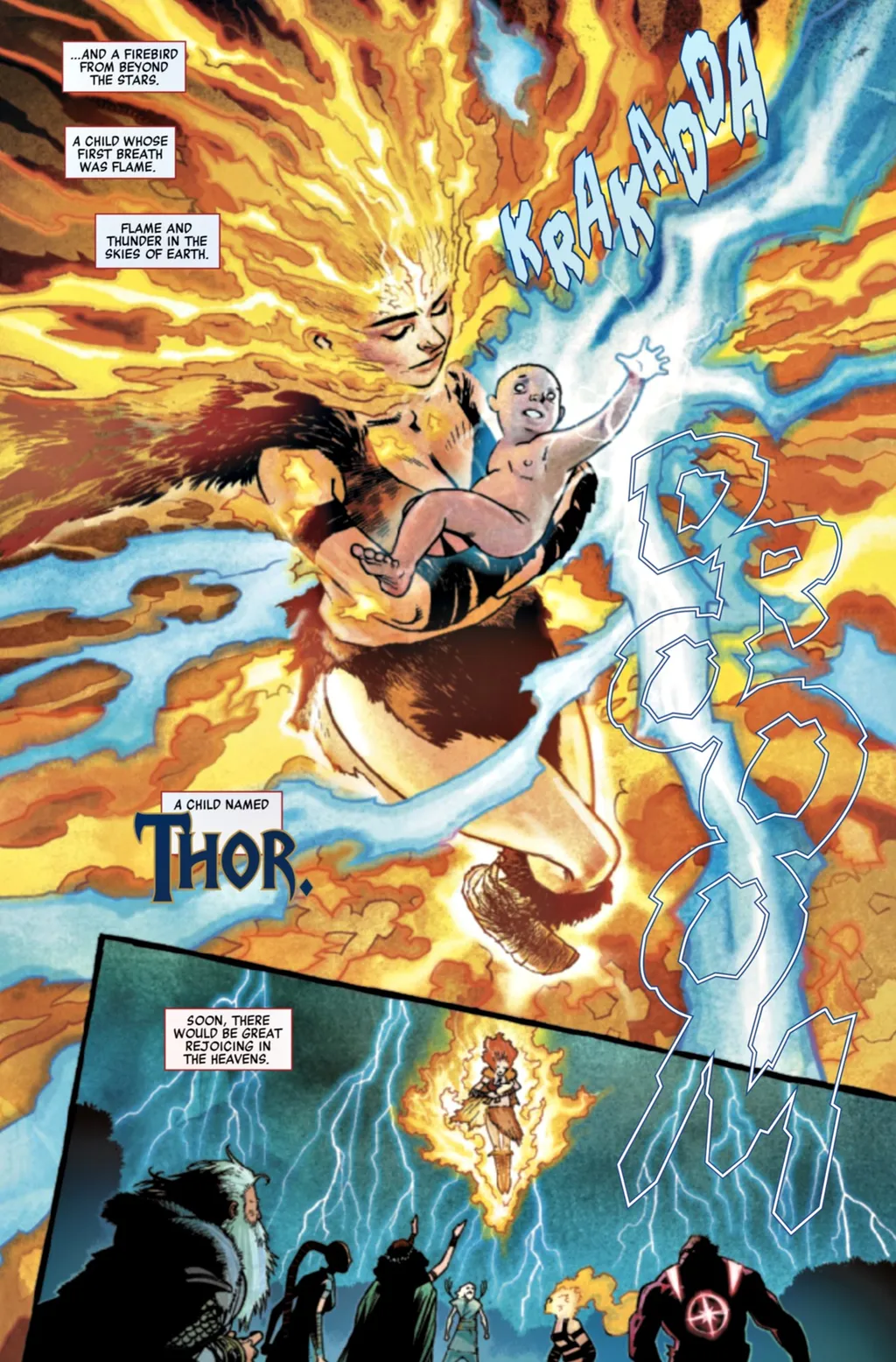 Fênix usou seu fogo mágico para salvar a vida do bebê Thor (Imagem: Reprodução/Marvel Comics)