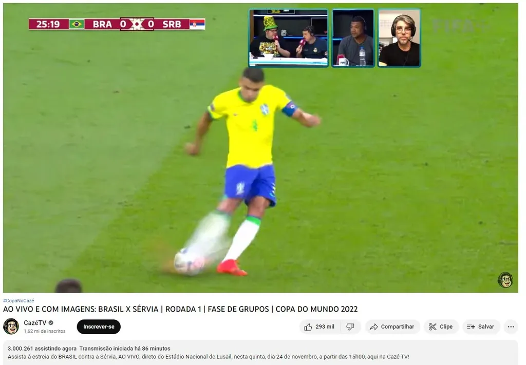 Casimiro chegou a quase 3,5 milhões de espectadores no jogo do Brasil contra a Sérvia (Imagem: Reprodução/CazéTV)