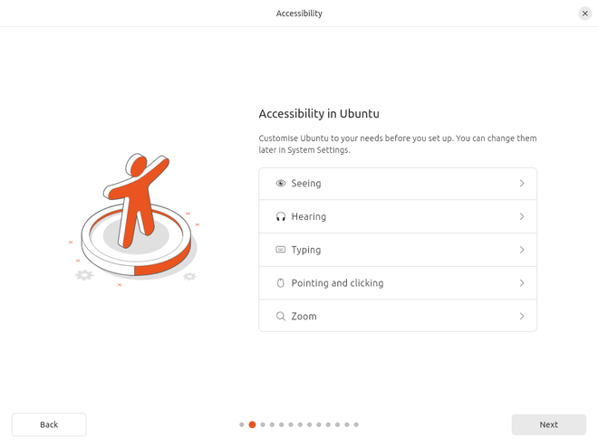 Nova área de acessibilidade do instalador do Ubuntu 24.04 Beta (Imagem: Divulgação/Canonical)