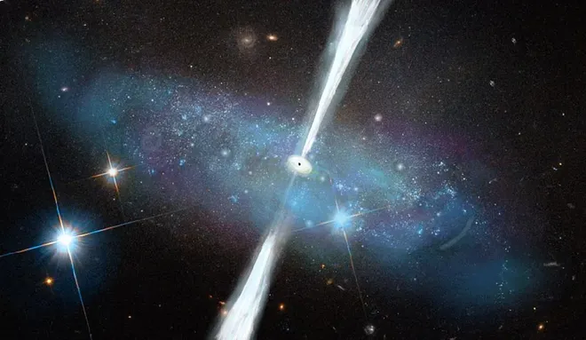 Conceito artístico de uma galáxia anã com um buraco negro central e jato relativístico (Imagem: Reprodução/NASA & ESA/Hubble/M. Polimera)