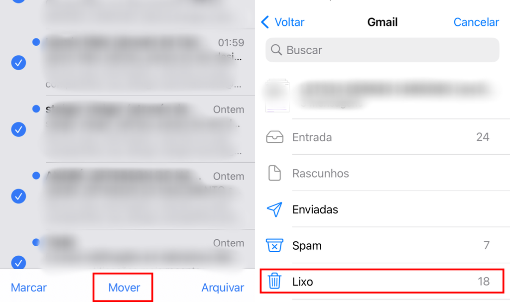 Você pode usar o Gmail no app Mail do iOS e excluir mensagens por lote (Imagem: Captura de tela/Fabrício Calixto/Canaltech)