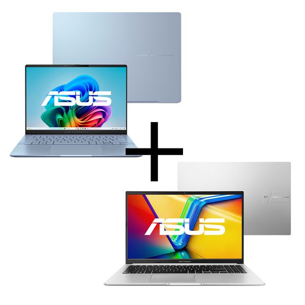 Notebook ASUS Vivobook S 14, Intel Core Ultra 7 258V - 14ª Gen, 32 GB RAM, 1 TB SSD, Tela 4" OLED 0.2ms 120Hz, W11 Home,  S5406SA-PP097W + Notebook ASUS Vivobook 15, AMD Ryzen 7-5825U, 16 GB RAM, 1 TB SSD, KeepOS, M1502YA-NJ613