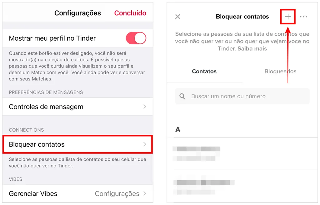 Selecione na lista ou use o botão de "+" para bloquear contatos no Tinder (Captura de tela: Caio Carvalho)