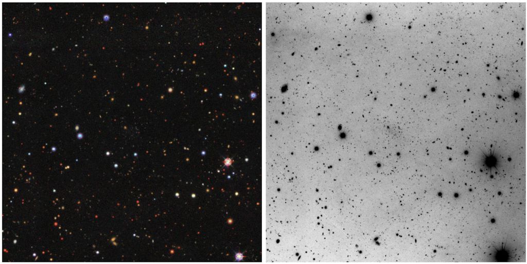 A galáxia anã Pisces VII aparece bem tênue no centro das duas imagens. À esquerda, nas cores visíveis e, à direita, na banda TNG (Imagem: Reprodução/David Martínez-Delgado et al.)