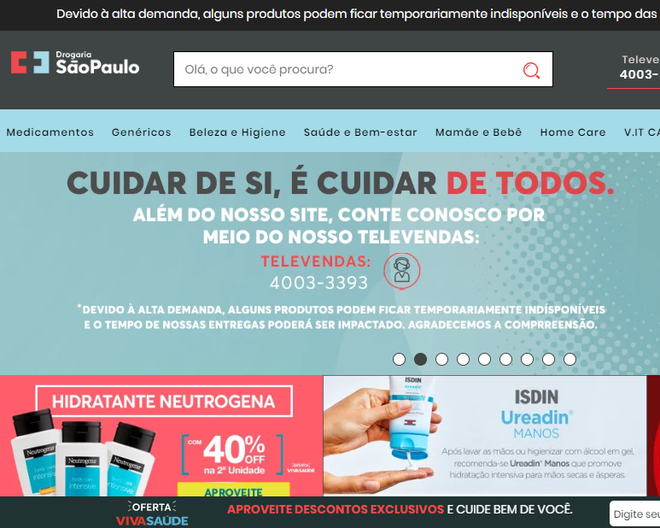 Farmácias online: site da Drogaria São Paulo conta com diversas ofertas (Captura de tela: Ariane Velasco)