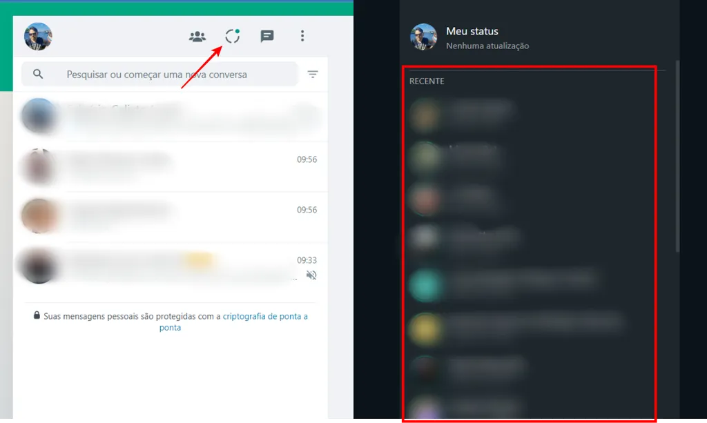 Para ver Status no WhatsApp Web, não é necessário usar extensões ou apps de terceiros (Imagem: Captura de tela/Fabrício Calixto/Canaltech)
