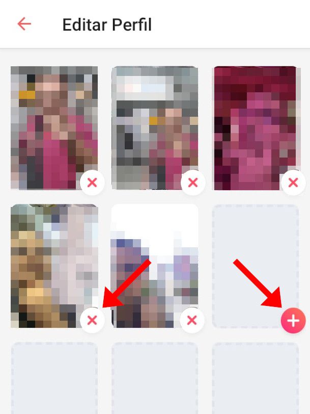 Clique em "X" para excluir fotos, ou em "+" para adicionar novas fotos no Tinder (Captura de tela: Matheus Bigogno)