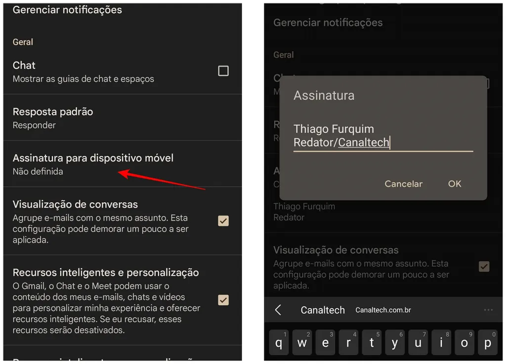 Crie uma assinatura rapidamente no Gmail em um dispositivo Android (Imagem: Thiago Furquim/Canaltech)