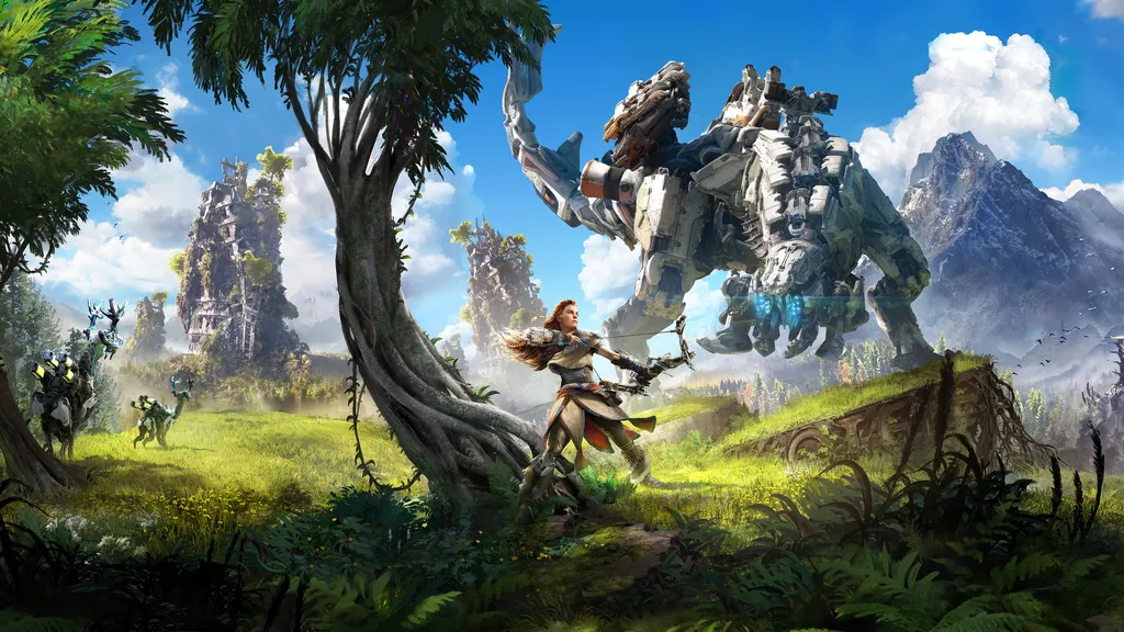 Jogo conta história de mundo em a humanidade voltou a ser tribal e caça animais em forma de máquina (Imagem: Divulgação/Guerrilla Games)