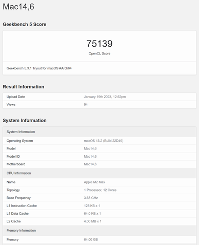 Apple M2 Max OpenCL Geekbench Vazamento