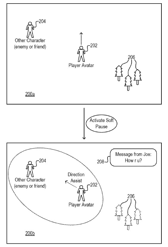A descrição da patente inclui assistência de gameplay para que o jogador possa se ausentar da tela e deixar o jogo rodando sozinho até retornar (Imagem: USTO/WIPO)