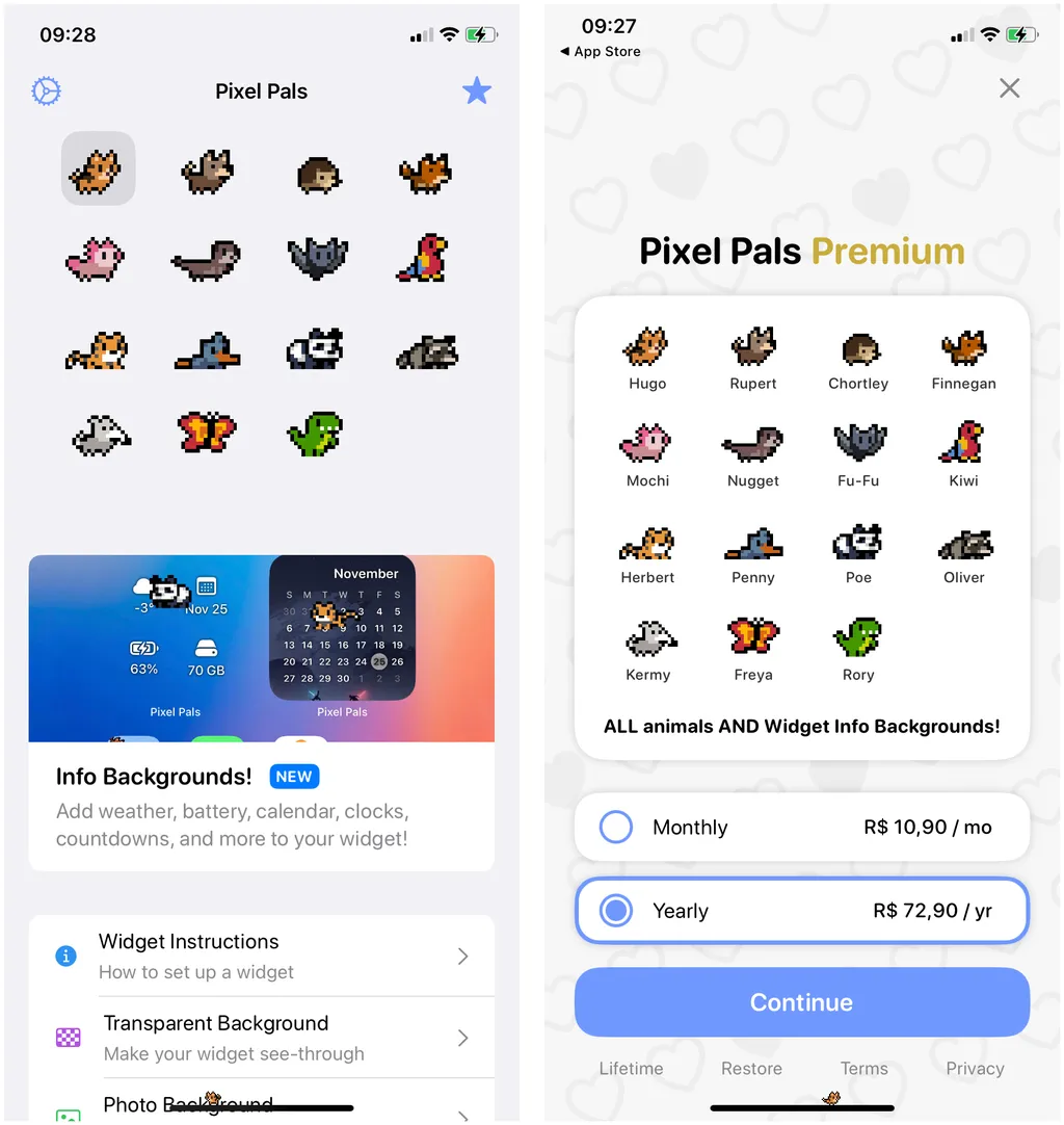 Assine o plano premium do Pixel Pals para ter mais opções de bichinhos (Imagem: Thiago Furquim/Canaltech)