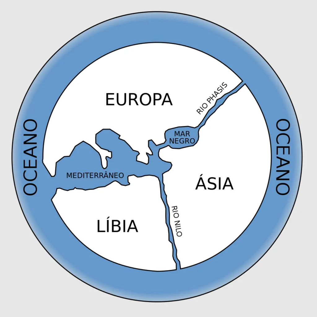 O mapa mundi de Anaximandro, com três continentes engolfando uma Terra plana (Imagem: Bibi Saint-Pol/Domínio Público)