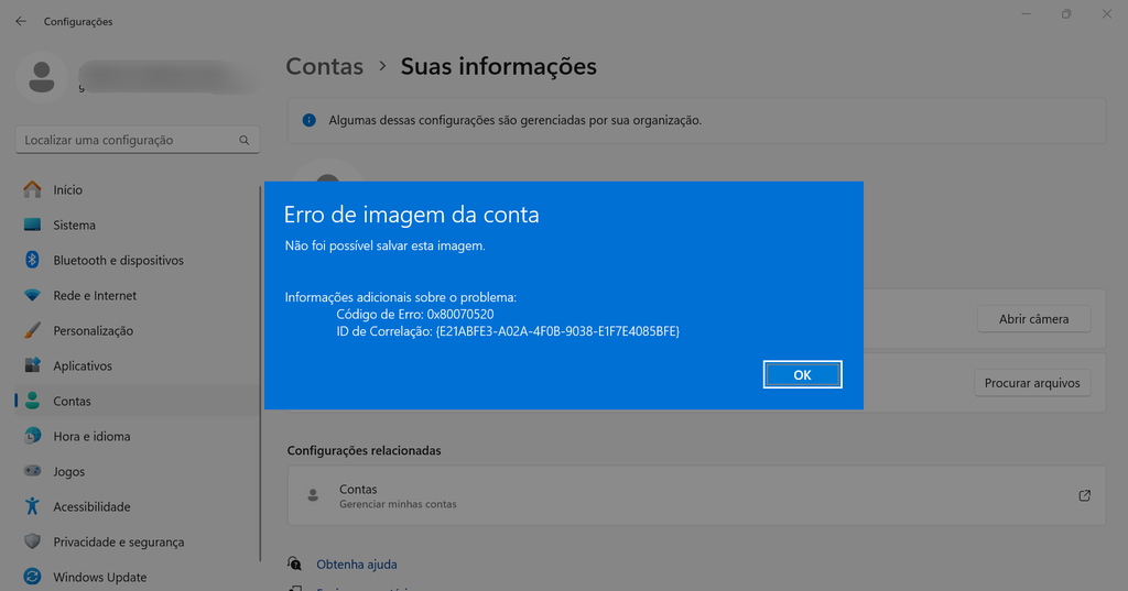 Atualização de abril do Windows 11 também provoca erro ao tentar mudar a foto de perfil da conta (Imagem: Captura de tela/Guilherme Haas/Canaltech)