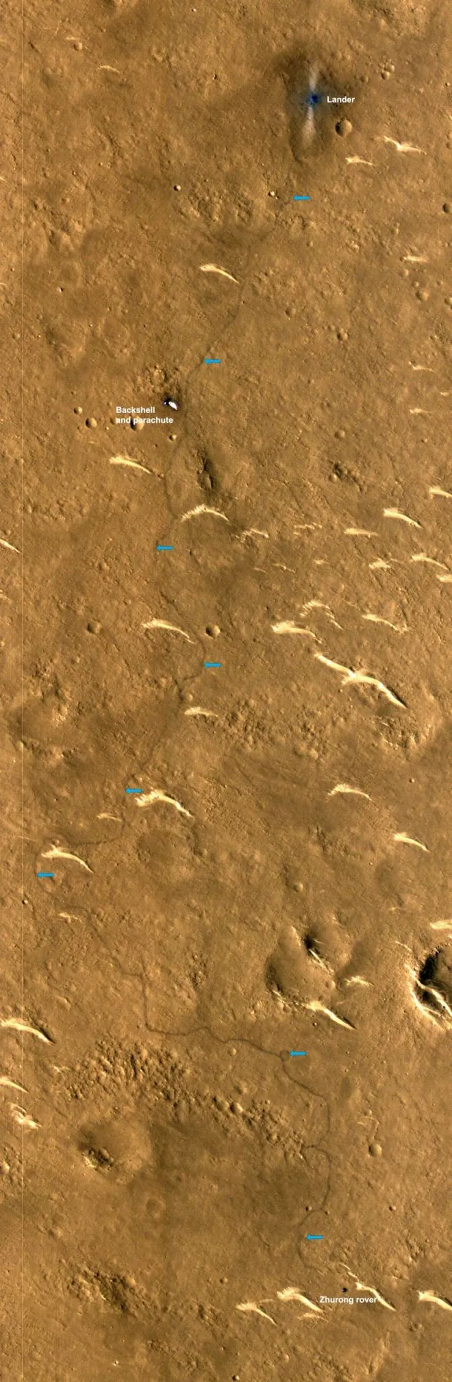 Detalhe de uma das fotos da MRO, com os rastros do rover Zhurong e sua localização mais recente (Imagem: Reprodução/NASA/JPL/UArizona)
