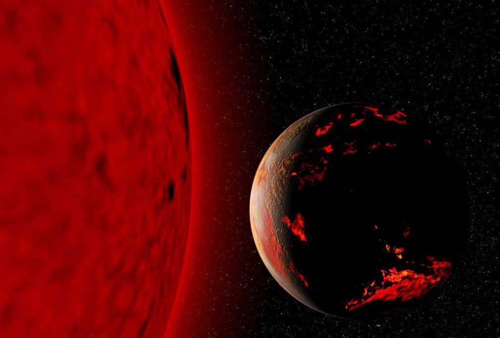 Representação do Sol durante a fase de gigante vermelha, em que suas camadas mais externas se expandirão pelo Sistema Solar (Imagem: Reproduãção/Wikimedia commons/fsgregs)