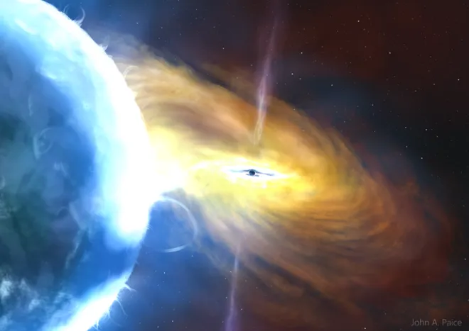 Ilustração do buraco negro Cygnus X-1 se alimentando da matéria de sua estrela companheira (Imagem: Reprodução/John Paice)