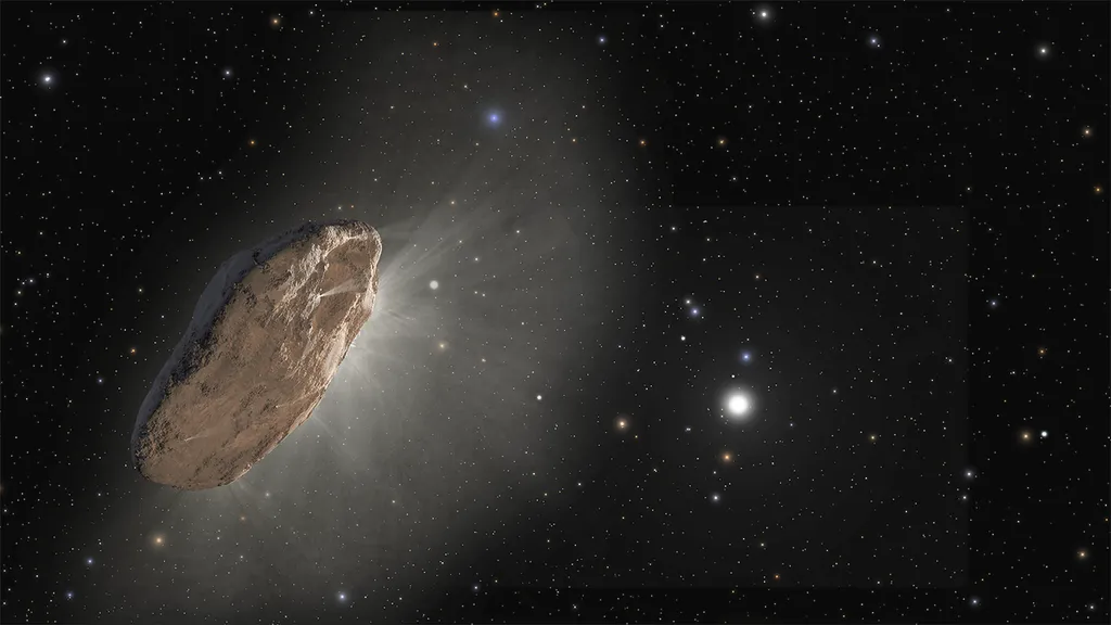 Representação do objeto interestelar Oumuamua (Imagem: Reprodução/NASA, ESA, Joseph Olmsted (STScI), Frank Summers (STScI))