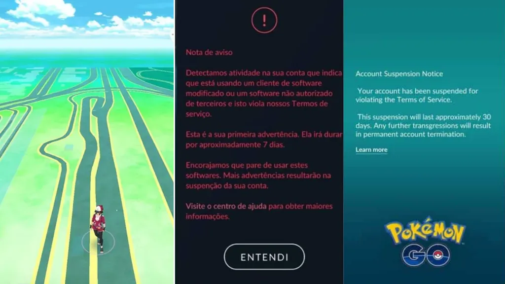Exemplos de telas exibidas em contas penalizadas em Pokémon GO (Imagem: Montagem/Canaltech/Niantic)