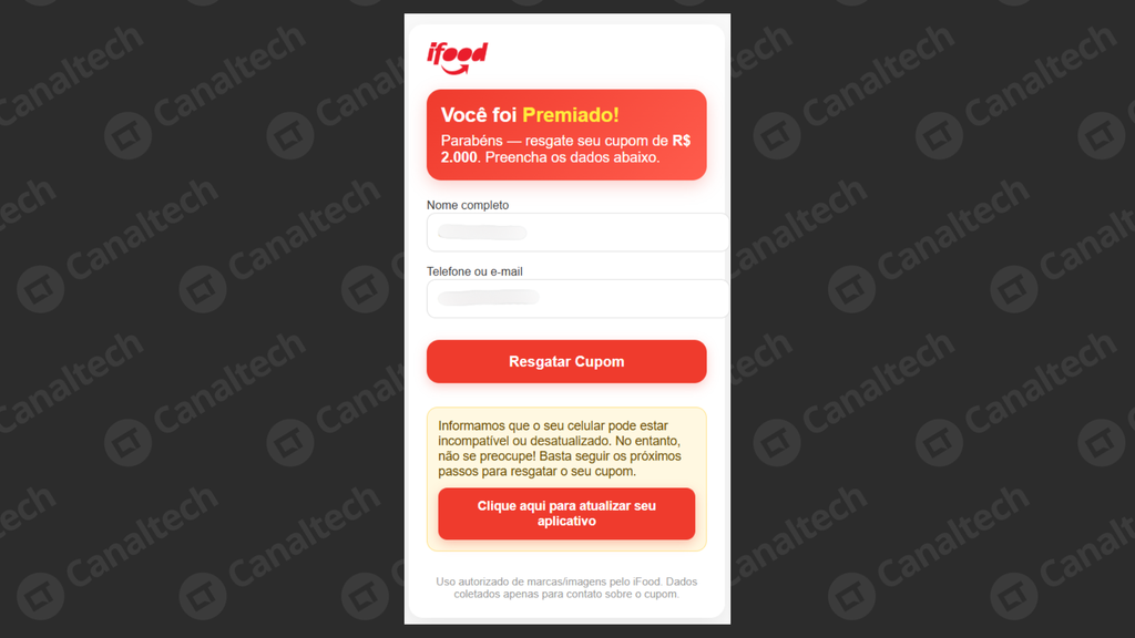 Site falso orienta vítima a baixar app falso para supostamente receber o bônus (Imagem: Captura de tela/Canaltech)