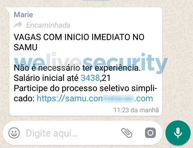 Mensagem enviada via WhatsApp sobre um falso processo seletivo do SAMU (Captura: WeLiveSecurity)