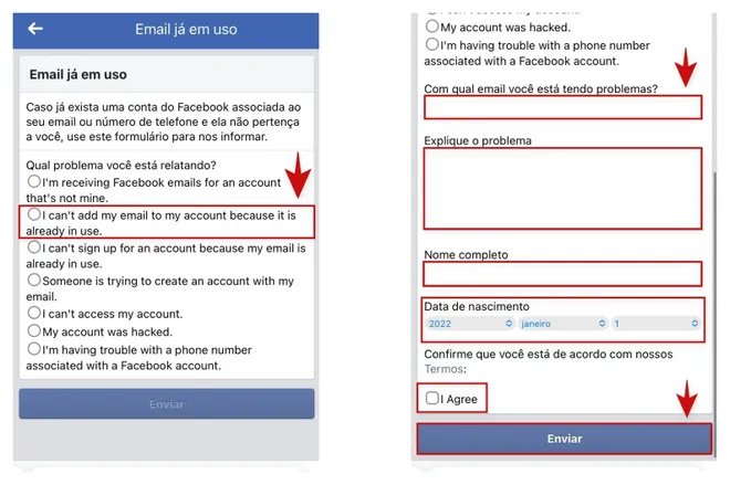Para fazer outra conta no Facebook com um e-mail em uso, o usuário pode acionar o suporte (Captura: Kris Gaiato)