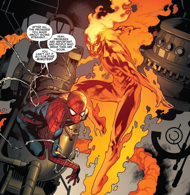 Rivalidades entre super-heróis nos quadrinhos: Homem-Aranha vs Tocha Humana (Imagem: Reprodução/Marvel Comics)