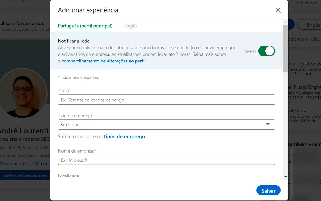 Complete com as informações da experiência no LinkedIn (Imagem: Captura de tela/André Magalhães/Canaltech)