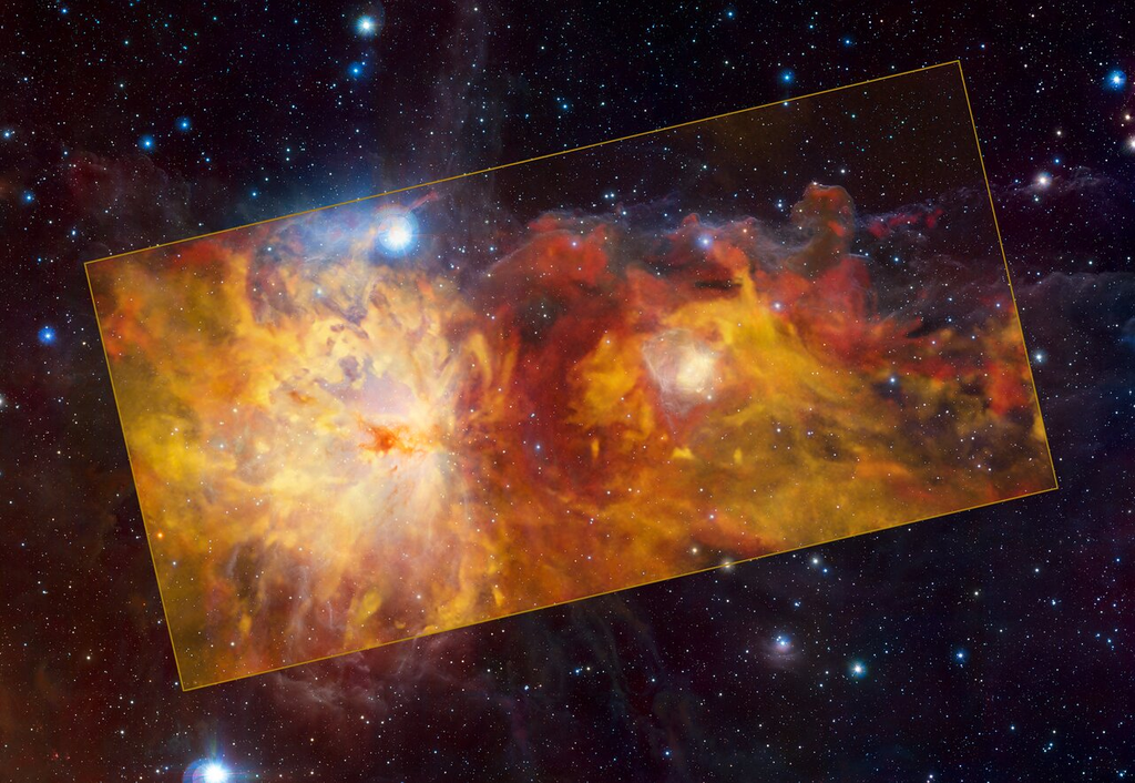 A Nebulosa da Chama aparece no lado esquerdo da área em amarelo; à direita, está a nebulosa de reflexão NGC 2023, e acima dela fica a famosa Cabeça de Cavalo(Imagem: Reprodução/ESO/Th. Stanke & ESO/J. Emerson/VISTA. Acknowledgment: Cambridge Astronomical Survey Unit)