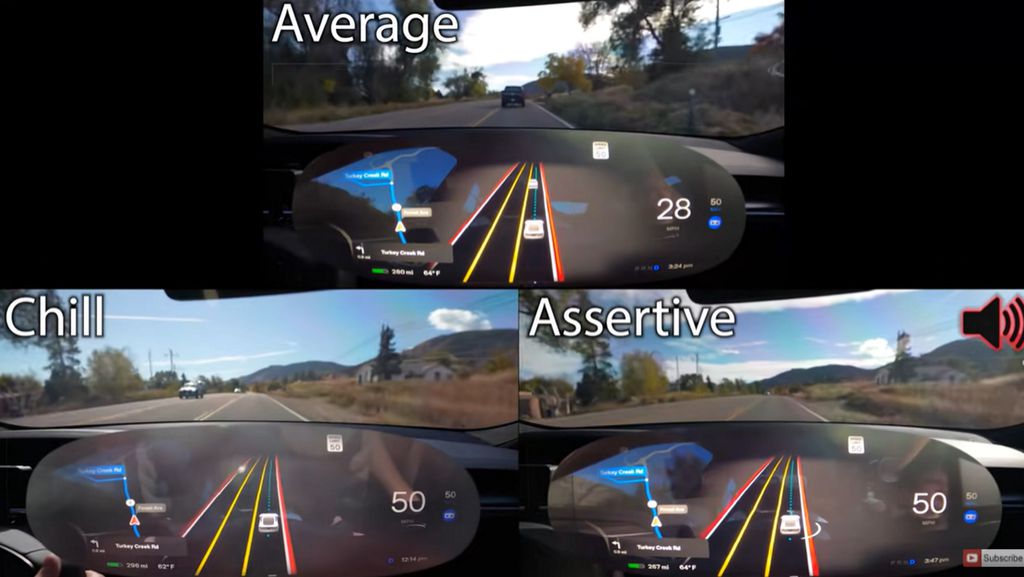 Captura de tela mostra os três modos de condução assertiva do Full Self-Driving da Tesla (Imagem: Reprodução/YouTube)