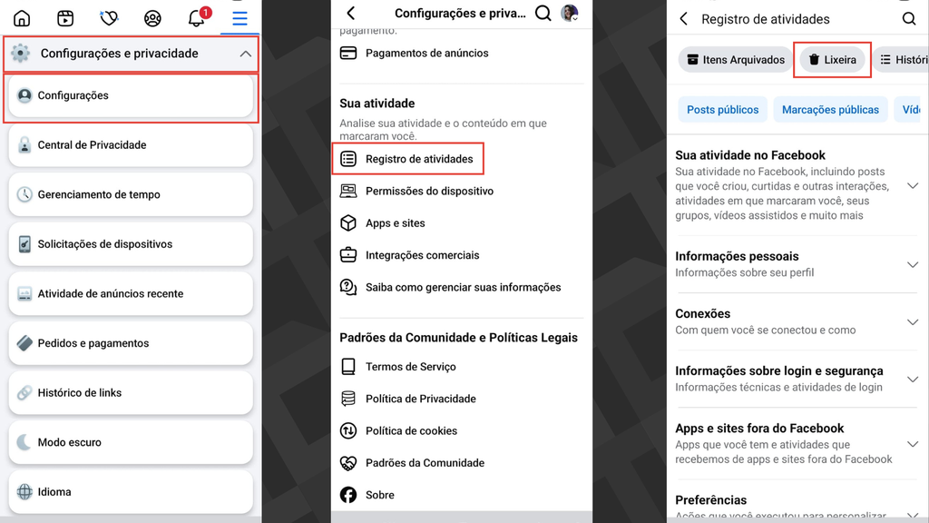 Passos para acessar a lixeira do Facebook