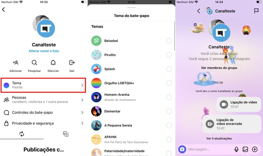 O Instagram permite aplicar temas personalizados em conversas em grupo (Imagem: Captura de tela/Fabrício Calixto/Canaltech)