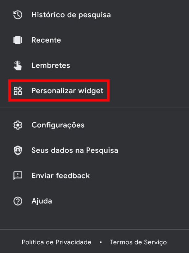 Em seguida, selecione o item "Personalizar widget" (Captura de tela: Matheus Bigogno)